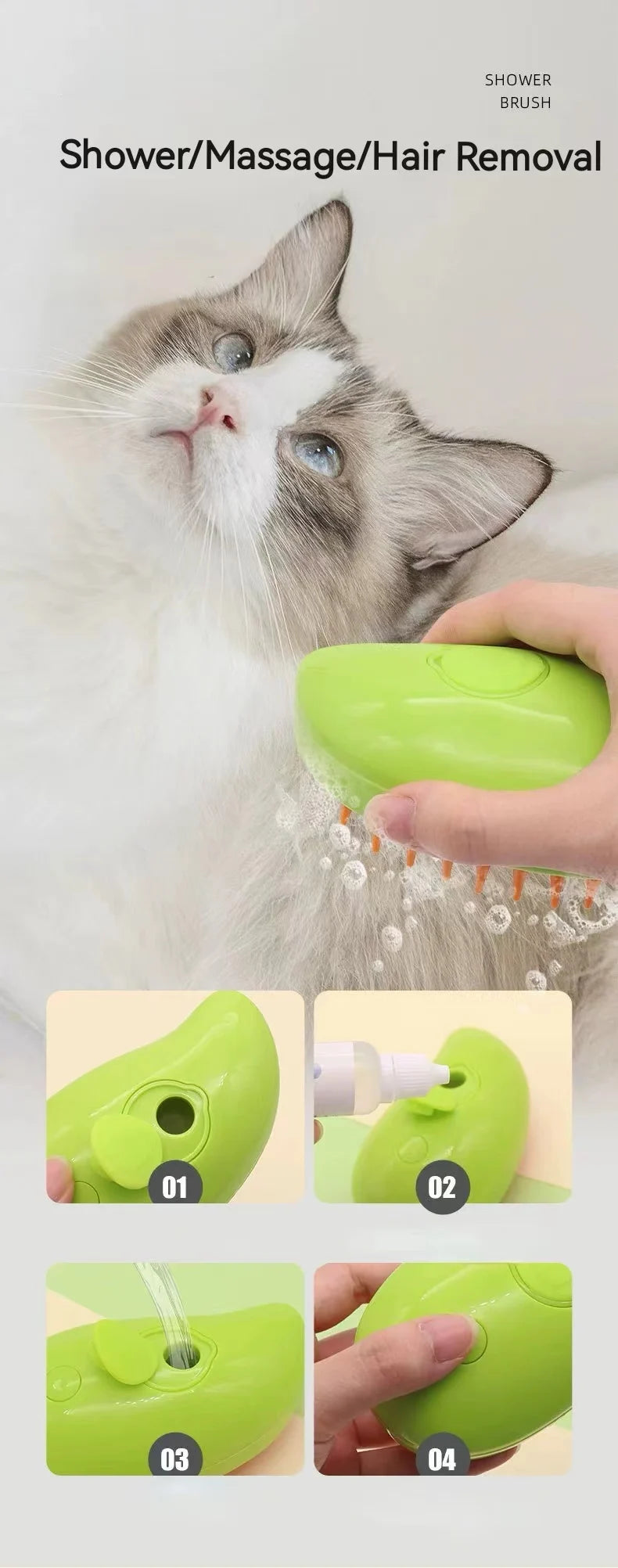 Escova de Vapor super Macia e Relaxante para Cachorros e Gatos - Limpe, Massageie e Remova pêlos
