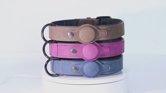 Coleira de Couro Macia com suporte para AirTag e fivela de Metal Acolchoada e Resistente